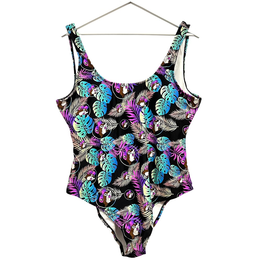 Buc-ee's One Piece Swimsuit Women XL Black Tropical Beaver Print Summer‎ Beach